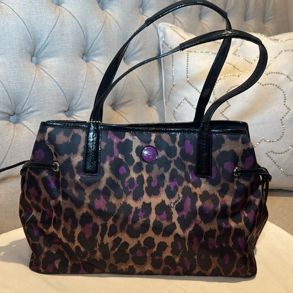 Coach Leopard Print Tote Bag – Purple & Brown Cheetah, Patent Trim, F25281 - Picture 1 of 11